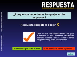 RESPUESTA Respuesta correcta la opción  C Si acertaste ganas 60 puntos Si no acertaste tienes 0 puntos Cada vez que una empresa recibe una queja o reclamo le esta brindando información oportuna y valiosa a esta. Le indica en dónde hay problemas y cómo solucionarlos. Volver ¿Porqué son importantes las quejas en las empresas? 