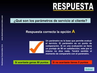 RESPUESTA Respuesta correcta la opción  A Un parámetro es la base que permite evaluar el servicio. El parámetro es un punto de comparación. Si en una evaluación se tiene un puntaje de 80 en satisfacción; este por si mismo no dice nada. Tendrá sentido al momento de compararlo con el parámetro. Si acertaste ganas 80 puntos Si no acertaste tienes 0 puntos Volver ¿Qué son los parámetros de servicio al cliente? 