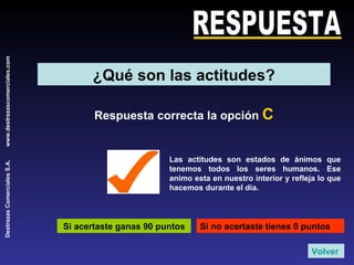 RESPUESTA Respuesta correcta la opción  C Si acertaste ganas 90 puntos Si no acertaste tienes 0 puntos Las actitudes son estados de ánimos que tenemos todos los seres humanos. Ese animo esta en nuestro interior y refleja lo que hacemos durante el día. Volver ¿Qué son las actitudes? 