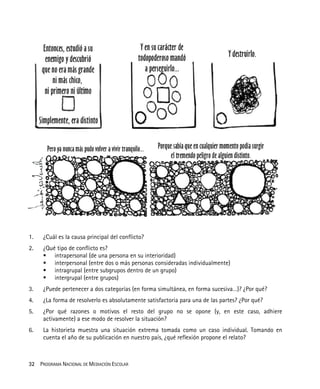 32 PROGRAMA NACIONAL DE MEDIACIÓN ESCOLAR
1. ¿Cuál es la causa principal del conflicto?
2. ¿Qué tipo de conflicto es?
intrapersonal (de una persona en su interioridad)
interpersonal (entre dos o más personas consideradas individualmente)
intragrupal (entre subgrupos dentro de un grupo)
intergrupal (entre grupos)
3. ¿Puede pertenecer a dos categorías (en forma simultánea, en forma sucesiva…)? ¿Por qué?
4. ¿La forma de resolverlo es absolutamente satisfactoria para una de las partes? ¿Por qué?
5. ¿Por qué razones o motivos el resto del grupo no se opone (y, en este caso, adhiere
activamente) a ese modo de resolver la situación?
6. La historieta muestra una situación extrema tomada como un caso individual. Tomando en
cuenta el año de su publicación en nuestro país, ¿qué reflexión propone el relato?
 