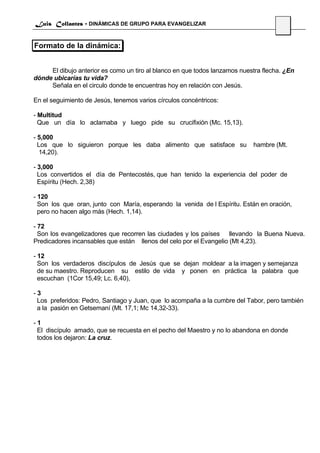 Luis Collantes - DINÁMICAS DE GRUPO PARA EVANGELIZAR
                                                                                     44

Formato de la dinámica:


     El dibujo anterior es como un tiro al blanco en que todos lanzamos nuestra flecha. ¿En
dónde ubicarías tu vida?
     Señala en el circulo donde te encuentras hoy en relación con Jesús.

En el seguimiento de Jesús, tenemos varios círculos concéntricos:

- Multitud
  Que un día lo aclamaba y luego pide su crucifixión (Mc. 15,13).

- 5,000
  Los que lo siguieron porque les daba alimento que satisface su            hambre (Mt.
  14,20).

- 3,000
  Los convertidos el día de Pentecostés, que han tenido la experiencia del poder de
  Espíritu (Hech. 2,38)

- 120
  Son los que oran, junto con María, esperando la venida de l Espíritu. Están en oración,
  pero no hacen algo más (Hech. 1,14).

- 72
  Son los evangelizadores que recorren las ciudades y los países llevando la Buena Nueva.
Predicadores incansables que están llenos del celo por el Evangelio (Mt 4,23).

- 12
  Son los verdaderos discípulos de Jesús que se dejan moldear a la imagen y semejanza
  de su maestro. Reproducen su estilo de vida y ponen en práctica la palabra que
  escuchan (1Cor 15,49; Lc. 6,40),

-3
 Los preferidos: Pedro, Santiago y Juan, que lo acompaña a la cumbre del Tabor, pero también
 a la pasión en Getsemaní (Mt. 17,1; Mc 14,32-33).

-1
 El discípulo amado, que se recuesta en el pecho del Maestro y no lo abandona en donde
 todos los dejaron: La cruz.
 