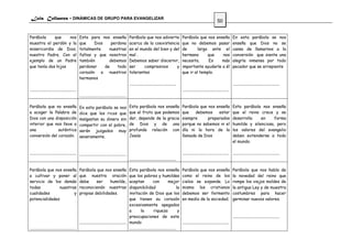 Luis Collantes - DINÁMICAS DE GRUPO PARA EVANGELIZAR
                                                                                                                                                                                 50


Parábola     que    nos                         Esta para nos enseña                            Parábola que nos advierte                       Parábola que nos enseña                         En esta parábola se nos
muestra el perdón y la                          que    Dios     perdona                         acerca de la coexistencia                       que no debemos pasar                            enseña que Dios no se
misericordia de Dios,                           totalmente     nuestras                         en el mundo del bien y del                      de       largo ante el                          cansa de llamarnos a la
nuestro Padre. Con el                           faltas y que nosotros                           mal .                                           hermano       que   nos                         conversión que siente una
ejemplo de un Padre                             también        debemos                          Debemos saber discernir,                        necesita.     Es    más                         alegría inmensa por todo
que tenía dos hijos                             perdonar     de    todo                         ser     compresivos      y                      importante ayudarle a él                        pecador que se arrepiente
                                                corazón    a   nuestros                         tolerantes                                      que ir al templo.
                                                hermanos
                                                                                                .............................................                                                   .............................................
.............................................                                                                                                   .............................................
                                                .............................................

Parábola que no enseña                          En esta parábola se nos                         Esta parábola nos enseña                        Parábola que nos enseña                         Esta parábola nos enseña
a acoger la Palabra de                          dice que los ricos que                          que el fruto que podemos                        que   debemos     estar                         que el reino crece y se
Dios con una disposición                        malgastan su dinero sin                         dar, depende de la gracia                       siempre      preparados                         desarrolla    en     forma
interior que nos lleve a                        compartir con el pobre,                         de Dios y de una                                porque no sabemos ni el                         humilde y silenciosa, pero
una            auténtica                        serán juzgados muy                              profunda relación con                           día ni la hora de la                            los valores del evangelio
conversión del corazón.                         severamente.                                    Jesús                                           llamada de Dios                                 deben extenderse a todo
                                                                                                                                                                                                el mundo.

............................................. .............................................                                                     ............................................. .............................................
                                                                                                .............................................

Parábola que nos enseña                         Parábola que nos enseña                     Esta parábola nos enseña                            Parábola que nos enseña                         Parábola que nos habla de
a cultivar y poner al                           que nuestra oración                         que los pobres y humildes                           como el reino de los                            la novedad del reino que
servicio de los demás                           debe     ser    humilde,                    aceptan                con           mejor          cielos se expande. Lo                           rompe los viejos moldes de
todas          nuestras                         reconociendo nuestras                       disponibilidad                               la     mismo los cristianos                            la antigua Ley y de muestra
cualidades            y                         propias debilidades.                        invitación de Dios que los                          debemos ser fermento                            costumbres para hacer
potencialidades                                                                             que tienen su corazón                               en medio de la sociedad.                        germinar nuevos valores.
                                                                                            excesivamente apegados
                                                                                            a          la          riqueza                y
                                                                                            preocupaciones de este                                                                              .............................................
                                              ............................................. mundo                                               .............................................
.............................................                                               .............................................
 
