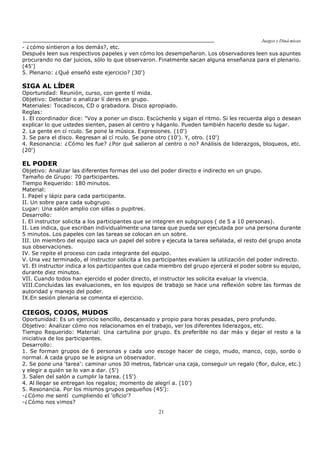 Juegos y Diná micas
21
- ¿cómo sintieron a los demás?, etc.
Después leen sus respectivos papeles y ven cómo los desempeñaron. Los observadores leen sus apuntes
procurando no dar juicios, sólo lo que observaron. Finalmente sacan alguna enseñanza para el plenario.
(45')
5. Plenario: ¿Qué enseñó este ejercicio? (30')
SIGA AL LÍDER
Oportunidad: Reunión, curso, con gente tí mida.
Objetivo: Detectar o analizar lí deres en grupo.
Materiales: Tocadiscos, CD o grabadora. Disco apropiado.
Reglas:
1. El coordinador dice: "Voy a poner un disco. Escúchenlo y sigan el ritmo. Si les recuerda algo o desean
explicar lo que ustedes sienten, pasen al centro y háganlo. Pueden también hacerlo desde su lugar.
2. La gente en cí rculo. Se pone la música. Expresiones. (10')
3. Se para el disco. Regresan al cí rculo. Se pone otro (10'). Y, otro. (10')
4. Resonancia: ¿Cómo les fue? ¿Por qué salieron al centro o no? Análisis de liderazgos, bloqueos, etc.
(20')
EL PODER
Objetivo: Analizar las diferentes formas del uso del poder directo e indirecto en un grupo.
Tamaño de Grupo: 70 participantes.
Tiempo Requerido: 180 minutos.
Material:
I. Papel y lápiz para cada participante.
II. Un sobre para cada subgrupo.
Lugar: Una salón amplio con sillas o pupitres.
Desarrollo:
I. El instructor solicita a los participantes que se integren en subgrupos ( de 5 a 10 personas).
II. Les indica, que escriban individualmente una tarea que pueda ser ejecutada por una persona durante
5 minutos. Los papeles con las tareas se colocan en un sobre.
III. Un miembro del equipo saca un papel del sobre y ejecuta la tarea señalada, el resto del grupo anota
sus observaciones.
IV. Se repite el proceso con cada integrante del equipo.
V. Una vez terminado, el instructor solicita a los participantes evalúen la utilización del poder indirecto.
VI. El instructor indica a los participantes que cada miembro del grupo ejercerá el poder sobre su equipo,
durante diez minutos.
VII. Cuando todos han ejercido el poder directo, el instructor les solicita evaluar la vivencia.
VIII.Concluidas las evaluaciones, en los equipos de trabajo se hace una reflexión sobre las formas de
autoridad y manejo del poder.
IX.En sesión plenaria se comenta el ejercicio.
CIEGOS, COJOS, MUDOS
Oportunidad: Es un ejercicio sencillo, descansado y propio para horas pesadas, pero profundo.
Objetivo: Analizar cómo nos relacionamos en el trabajo, ver los diferentes liderazgos, etc.
Tiempo Requerido: Material: Una cartulina por grupo. Es preferible no dar más y dejar el resto a la
iniciativa de los participantes.
Desarrollo:
1. Se forman grupos de 6 personas y cada uno escoge hacer de ciego, mudo, manco, cojo, sordo o
normal. A cada grupo se le asigna un observador.
2. Se pone una 'tarea': caminar unos 30 metros, fabricar una caja, conseguir un regalo (flor, dulce, etc.)
y elegir a quién se lo van a dar. (5')
3. Salen del salón a cumplir la tarea. (15')
4. Al llegar se entregan los regalos; momento de alegrí a. (10')
5. Resonancia. Por los mismos grupos pequeños (45'):
-¿Cómo me sentí cumpliendo el 'oficio'?
-¿Cómo nos vimos?
 