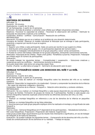 Juegos y Diná micas
24
Actividades sobre la familia y los derechos del
niÑo
HISTORIA DE BURROS
Dificultad: II
Duración: 30 minutos.
Destinatarios: A partir de 10 años.
Nº de Participantes: A partir de 15 personas.
Definición: Se trata de analizar y comentar unas viñetas que reflejan situaciones concretas.
Objetivos: Favorecer la capacidad de análisis - Favorecer la observación del conflicto - Estimular la
búsqueda de soluciones creativas a los conflictos.
Contenidos: Análisis - conflicto - Comunicación - Resolución de conflictos.
METODOLOGIA
Motivación: El trabajo que se va a realizar es el análisis de una situación determinada.
Consigna de Partida: Observar el modelo individual la fotocopia que se entrega a cada participante,
analizarla y exponer por escrito lo que os sugiere.
Desarrollo:
1- Repartir una viñeta a cada participante. Cada uno pone por escrito lo que sugiere la viñeta.
2- Distribución entre pequeños grupos. (4 a 6 participantes depende del número total.)
3- Comentar lo trabajado individualmente en el grupo pequeño y sacar varias conclusiones.
4- Puesta en común del trabajo realizado en los grupos pequeños, extrayendo conclusiones comunes.
Materiales: Fotocopias de las viñetas - Papel y bolí grafos - Portafolios o pizarras. Preparación: Fotocopiar
las viñetas según el número de participantes.
Evaluación:
Se puede trabajar los siguientes temas: - Competitividad / cooperación. - Soluciones creativas y
cooperativas para los conflictos. - Sentimientos durante la dinámica.
Se puede desarrollar cada tema con preguntas especí ficas.
Fuente: (Fuente: La alternativa al juego II - Seminario de educación para la paz)
MENSAJE FOTOGRÁFICO SOBRE LOS DERECHOS DEL NIÑO Y LA NIÑA.
Dificultad: II
Duración: 7 horas.
Destinatarios: A partir de 6 años.
Nº de Participantes: A partir de 10 personas.
Definición: Se trata de realizar un montaje fotográfico sobre los derechos del niño en su realidad
cotidiana.
Objetivos: Desarrollar la imaginación y la creatividad - Conocer y comprender los derechos de la infancia
- Ser capaz de relacionar imágenes y derechos.
Contenidos: Derechos de la infancia - Fotografí a - Relación entre derechos y contexto cotidiano.
METODOLOGIA
Motivación: Se va a realizar un montaje fotográfico y cada equipo dispondrá de una cámara fotográfica.
Consigna de Partida: Formación de grupos de menos de 7 participantes. Facilitar a cada equipo una
cámara fotográfica habiendo explicado anteriormente los diferentes derechos del niño y la niña.
Desarrollo:
1- Realizar un montaje fotográfico en referencia a uno de los derechos de la infancia en pequeños
grupos.
2- Realizar un montaje fotográfico de las fotos obtenidas.
3- Reunirse para que cada grupo pequeño explique cómo ha realizado el montaje y el significado de cada
fotografí a.
Materiales:
Pizarra y tizas - Cámaras fotográficas (el nº dependerá de los participantes). - Rotuladores Cartulinas... -
Pelí culas fotográficas. Preparación: Preparación del material. Sugerencias:
Cada grupo puede elegir aquel derecho que les resulte más interesante o significativo, en vez de trabajar
las fotografí as de todos los derechos.
Evaluación: Se pueden trabajar los siguientes temas: - Comprensión de los derechos del niño y la niña. -
Grado de contextualización de los derechos en su realidad. - Trabajo en equipo.
 