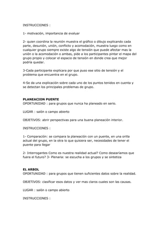 INSTRUCCIONES :

1- motivación, importancia de evaluar

2- quien coordina la reunión muestra el gráfico o dibujo explicando cada
parte, desunión, unión, conflicto y acomodación, muestra luego como en
cualquier grupo siempre existe algo de tensión que puede afectar mas la
unión o la acomodación o ambas, pide a los participantes pintar el mapa del
grupo propio y colocar el espacio de tensión en donde crea que mejor
podría quedar.

3-Cada participante explicara por que puso ese sitio de tensión y el
problema que encuentra en el grupo.

4-Se da una explicación sobre cada uno de los puntos tenidos en cuenta y
se detectan los principales problemas de grupo.



PLANEACION PUENTE
OPORTUNIDAD : para grupos que nunca ha planeado en serio.

LUGAR : salón o campo abierto

OBJETIVOS: abrir perspectivas para una buena planeación interior.

INSTRUCCIONES :

1- Comparación: se compara la planeación con un puente, en una orilla
actual del grupo, en la otra lo que quisiera ser, necesidades de tener el
puente para llegar

2- Interrogantes Como es nuestra realidad actual? Como desearíamos que
fuera el futuro? 3- Plenaria: se escucha a los grupos y se sintetiza



EL ARBOL
OPORTUNIDAD : para grupos que tienen suficientes datos sobre la realidad.

OBJETIVOS: clasificar esos datos y ver mas claros cuales son las causas.

LUGAR : salón o campo abierto

INSTRUCCIONES :
 