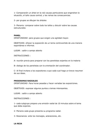 1- Comparación un árbol en la raíz causas particulares que engendran la
situación, el tallo causa central, y las ramas las consecuencias.

2- por grupos se dibujan los árboles

3- Plenaria: comparar sobre todo los tallos y discutir sobre las causas
estructurales



PANEL
OPORTUNIDAD: para grupos que exigen una agilidad mayor.

OBJETIVOS: ofrecer la exposición de un tema controvertido de una manera
espontánea e informal.

LUGAR : salón o campo abierto

INSTRUCCIONES :

A- reunión previa para preparar con los panelistas expertos en la materia

B- dialogo de los panelistas con la orientación del coordinador.

C- Al final invitara a los expositores a que cada cual haga un breve resumen
de sus ideas.



PROGRAMAS RADIALES
OPORTUNIDAD :Para horas pesadas y hacer variadas las exposiciones.

OBJETIVOS: expresar algunos puntos o temas interesantes.

LUGAR : salón o campo abierto

INSTRUCCIONES :

1- cada subgrupo prepara una emisión radial de 10 minutos sobre el tema
que deba expones.

2- Plenaria cada grupo presenta su programa radial.

3- Resonancia: ante los mensajes, aclaraciones, etc.



LA REJA
 