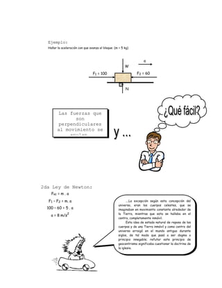 Ejemplo:
Hallar la aceleración con que avanza el bloque: (m = 5 kg)

a
W
F2 = 60

F1 = 100

N

Las fuerzas que
son
perpendiculares
al movimiento se
anulan.
∴ W = N

2da Ley de Newton:
FRE = m . a
F1 – F2 = m. a
100 – 60 = 5 . a
a = 8 m/s

2

….La excepción según esta concepción del
universo, eran los cuerpos celestes, que se
imaginaban en movimiento constante alrededor de
la Tierra, mientras que esta se hallaba en el
centro, completamente inmóvil.
Esta idea de estado natural de reposo de los
cuerpos y de una Tierra inmóvil y como centro del
universo arraigó en el mundo antiguo durante
siglos, de tal modo que pasó a ser dogma o
principio innegable; refutar este principio de
geocentrismo significaba cuestionar la doctrina de
la iglesia.

 