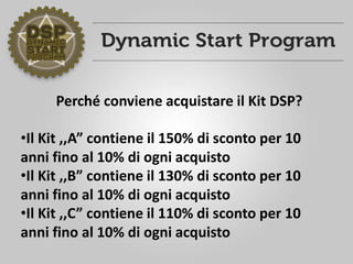 Perché conviene acquistare il Kit DSP?
•Il Kit ,,A” contiene il 150% di sconto per 10
anni fino al 10% di ogni acquisto
•Il Kit ,,B” contiene il 130% di sconto per 10
anni fino al 10% di ogni acquisto
•Il Kit ,,C” contiene il 110% di sconto per 10
anni fino al 10% di ogni acquisto
 