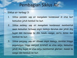 Pembagian Siklus Air
• Siklus air terbagi 3:
1. Siklus pendek: uap air mengalami kondensasi di atas laut
kemudian jatuh kembali ke laut.
2. Siklus sedang: uap air mengalami kondensasi membentuk
awan kemudian terbawa angin menuju daratan dan jatuh sbg
hujan dan meresap ke dlm tanah, sungai, serta danau dan
kembali ke laut.
3. Siklus panjang: uap air dibawa angin menuju daratan hingga
pegunungan tinggi menjadi kristal2 es atau salju, kemudian
jatuh sbg hujan es atau salju membentuk gketser, masuk ke
sungai dan kembali ke laut.
 