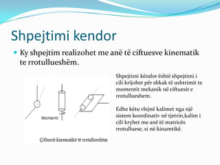 Shpejtimi kendor
 Ky shpejtim realizohet me anë të ciftuesve kinematik
 te rrotullueshëm.
                             Shpejtimi këndor është shpejtimi i
                             cili krijohet për shkak të ushtrimit te
                             momentit mekanik në ciftuesit e
                             rrotullueshem.

                             Edhe këtu vlejnë kalimet nga një
                             sistem koordinativ në tjetrin,kalim i
                             cili kryhet me anë të matricës
                             rrotulluese, si në kinamtikë.
 