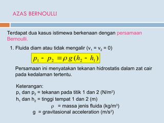 AZAS BERNOULLI
Terdapat dua kasus istimewa berkenaan dengan persamaan
Bernoulli.
1. Fluida diam atau tidak mengalir (v1 = v2 = 0)
)
( 1
2
2
1 h
h
g
p
p 

 
Persamaan ini menyatakan tekanan hidrostatis dalam zat cair
pada kedalaman tertentu.
Keterangan:
p1 dan p2 = tekanan pada titik 1 dan 2 (N/m2
)
h1 dan h2 = tinggi tempat 1 dan 2 (m)
 = massa jenis fluida (kg/m3
)
g = gravitasional acceleration (m/s2
)
 