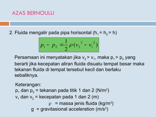 AZAS BERNOULLI
2. Fluida mengalir pada pipa horisontal (h1 = h2 = h)
)
(
2
1 2
1
2
2
2
1 v
v
p
p 

 
Persamaan ini menyatakan jika v2 > v1, maka p1 > p2 yang
berarti jika kecepatan aliran fluida disuatu tempat besar maka
tekanan fluida di tempat tersebut kecil dan berlaku
sebaliknya.
Keterangan:
p1 dan p2 = tekanan pada titik 1 dan 2 (N/m2
)
v1 dan v2 = kecepatan pada 1 dan 2 (m)
 = massa jenis fluida (kg/m3
)
g = gravitasional acceleration (m/s2
)
 