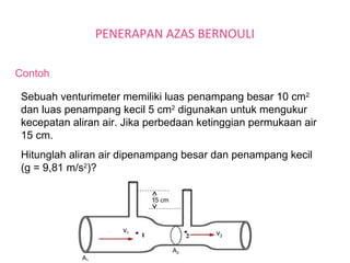PENERAPAN AZAS BERNOULI
Contoh
Sebuah venturimeter memiliki luas penampang besar 10 cm2
dan luas penampang kecil 5 cm2
digunakan untuk mengukur
kecepatan aliran air. Jika perbedaan ketinggian permukaan air
15 cm.
Hitunglah aliran air dipenampang besar dan penampang kecil
(g = 9,81 m/s2
)?
15 cm
A2
A1
v1 v2
 