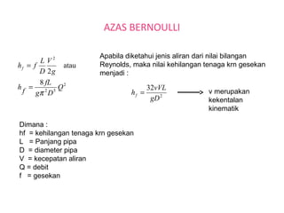 AZAS BERNOULLI
2
52
2
8
atau
2
Q
Dg
fL
f
h
g
V
D
L
fhf
π
=
=
Dimana :
hf = kehilangan tenaga krn gesekan
L = Panjang pipa
D = diameter pipa
V = kecepatan aliran
Q = debit
f = gesekan
2
32
gD
vVL
hf =
Apabila diketahui jenis aliran dari nilai bilangan
Reynolds, maka nilai kehilangan tenaga krn gesekan
menjadi :
v merupakan
kekentalan
kinematik
 
