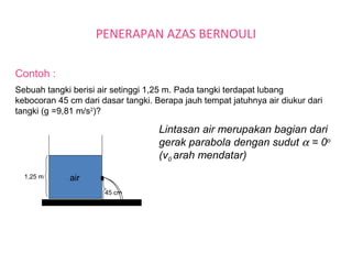 PENERAPAN AZAS BERNOULI
Contoh :
Sebuah tangki berisi air setinggi 1,25 m. Pada tangki terdapat lubang
kebocoran 45 cm dari dasar tangki. Berapa jauh tempat jatuhnya air diukur dari
tangki (g =9,81 m/s2
)?
45 cm
1,25 m air
Lintasan air merupakan bagian dari
gerak parabola dengan sudut α = 0o
(v0 arah mendatar)
 