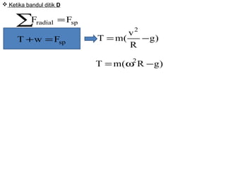 ∑ = spradial FF
spFwT =+ )g
R
v
(mT
2
−=
Ketika bandul ditik D
)gR(mT 2
−ω=