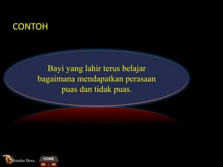 CONTOH
Bayi yang lahir terus belajar
bagaimana mendapatkan perasaan
puas dan tidak puas.
Mundur Boss..
 