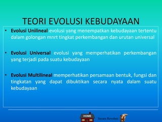 TEORI EVOLUSI KEBUDAYAAN
• Evolusi Unilineal evolusi yang menempatkan kebudayaan tertentu
dalam golongan mnrt tingkat perkembangan dan urutan universal
• Evolusi Universal evolusi yang memperhatikan perkembangan
yang terjadi pada suatu kebudayaan
• Evolusi Multilineal memperhatikan persamaan bentuk, fungsi dan
tingkatan yang dapat dibuktikan secara nyata dalam suatu
kebudayaan
Secara Revolusi
 