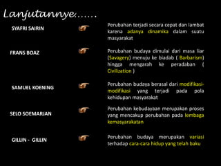 Lanjutannye…….
SYAFRI SAIRIN
Perubahan terjadi secara cepat dan lambat
karena adanya dinamika dalam suatu
masyarakat
FRANS BOAZ Perubahan budaya dimulai dari masa liar
(Savagery) menuju ke biadab ( Barbarism)
hingga mengarah ke peradaban (
Civilization )
Perubahan budaya berasal dari modifikasi-
modifikasi yang terjadi pada pola
kehidupan masyarakat
Perubahan kebudayaan merupakan proses
yang mencakup perubahan pada lembaga
kemasyarakatan
Perubahan budaya merupakan variasi
terhadap cara-cara hidup yang telah baku
SAMUEL KOENING
SELO SOEMARJAN
GILLIN - GILLIN
 