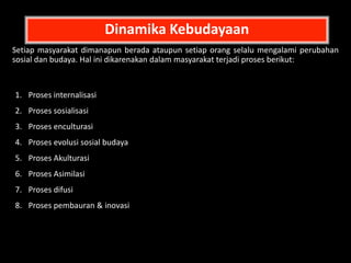 Dinamika Kebudayaan
Setiap masyarakat dimanapun berada ataupun setiap orang selalu mengalami perubahan
sosial dan budaya. Hal ini dikarenakan dalam masyarakat terjadi proses berikut:
1. Proses internalisasi
2. Proses sosialisasi
3. Proses enculturasi
4. Proses evolusi sosial budaya
5. Proses Akulturasi
6. Proses Asimilasi
7. Proses difusi
8. Proses pembauran & inovasi
 