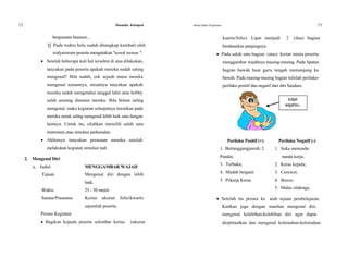 12 Dinamika Kelompok
bergumam heeeem...
 Pada waktu bola sudah ditangkap kembali oleh
widyaiswara peserta mengatakan "uenak teenan ".
 Setelah beberapa kali hal tersebut di atas dilakukan,
tanyakan pada peserta apakah mereka sudah saling
mengenal? Bila sudah, cek sejauh mana mereka
mengenal temannya, misalnya tanyakan apakah
mereka sudah mengetahui tanggal lahir atau hobby
salah seorang diantara mereka. Bila belum saling
mengenal, maka kegiatan selanjutnya tawarkan pada
mereka untuk saling mengenal lebih baik satu dengan
lainnya. Untuk itu, silahkan memilih salah satu
instrumen atau simulasi perkenalan.
Modul Diklat Prajabatan 13
kuarto/folio). Lipat menjadi 2 (dua) bagian
berdasarkan panjangnya.
 Pada salah satu bagian (atas) kertas minta peserta
menggambar wajahnya masing-masing. Pada lipatan
bagian bawah buat garis tengah memanjang ke
bawah. Pada masing-masing bagian tulislah perilaku-
perilaku positif dan negatif dari diri Saudara.
Inilah
wajahku.
 Akhirnya tanyakan perasaan mereka setelah
melakukan kegiatan simulasi tadi.
2. Mengenal Diri
a. Judul MENGGAMBAR WAJAH
Tujuan Mengenal diri dengan lebih
baik.
Waktu 25 - 30 menit.
Sarana/Prasarana Kertas ukuran folio/kwarto
Perilaku Positif (+)
1. Bertanggungjawab; 2.
Pandai;
3. Terbuka;
4. Mudah bergaul;
5. Pekerja Keras.
 Setelah itu proses ke
Perilaku Negatif (-)
1. Suka menunda-
nunda kerja;
2. Keras kepala;
3. Cerewet;
4. Boros;
5. Malas olahraga.
arah tujuan pembelajaran.
sejumlah peserta. Kaitkan juga dengan manfaat mengenal diri,
Proses Kegiatan mengenal kelebihan-kelebihan diri agar dapat
 Bagikan kepada peserta selembar kertas (ukuran dioptimalkan dan mengenal kelemahan-kelemahan
 