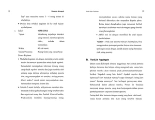 18 Dinamika Kelompok
Zap" atau menyebut nama 3 - 4 orang teman di
sebelahnya.
 Proses atau refleksi kegiatan ini ke arah tujuan
pembelajaran.
c. Judul SIAPA DIA
Tujuan Mendorong terjadinya interaksi
yang intensif, membuat peserta
rileks, terbuka dalam
komunikasi.
Waktu 45 - 60 menit.
Sarana/Prasarana Ruang Kelas yang cukup besar.
Proses Kegiatan
 Mulailah kegiatan ini dengan meminta peserta untuk
berdiri dan mencari peserta lain untuk diajak ngobrol.
Berusahalah mendapatkan informasi tentang orang
yang diajak ngobrol tersebut dan juga membuka diri
tentang siapa dirinya sebenarnya terhadap peserta
lain yang menanyakan hal tersebut. Setiap peserta
diberi waktu 5 menit untuk menyampaikan atau
menanyakan mengenai peserta lain.
 Setelah 5 menit berlalu, widyaiswara memberi aba-
aba tanda waktu ngobrol dengan orang tersebut habis
dan segera cari orang lain. Setelah 30 menit berlalu,
Widyaiswara meminta masing-masing orang
Modul Diklat Prajabatan 19
menyebutkan secara sekilas nama teman yang
berhasil dikenalnya dan sampaikan kepada pleno.
Kalau dapat diungkapkan juga mengenai hal-hal
menonjol (kelebihan atau kekurangan) yang dimiliki
orang bersangkutan.
 Akhiri sesi ini dengan merefleksi ke arah tujuan
pembelajaran.
Variasi : Pada saat peserta mencari peserta lain, bisa
menggunakan potongan gambar hewan atau tanaman.
(potongan sesuai dengan jumlah peserta yang ditemukan
oleh setiap peserta).
B. Naskah Pegangan
Dalam suatu kelompok dimana anggotanya baru untuk pertama
kalinya bertemu dan belum saling mengenal satu sama lain,
pikiran mereka akan terpusat pada pertanyaan-pertanyaan
berikut. Siapakah orang lain disini? Apakah mereka dapat
dipercaya? Dari manakah mereka? Siapa namanya? Datang dari
mana? Berapa umurnya? Dan berbagai pertanyaan akan
berkecamuk dalam pikiran mereka. Proses ini biasanya
menyerap tenaga peserta, yang akan berpengaruh dalam proses
pembelajaran dan kerjasama diantara peserta.
Setiap kali kita bertemu dengan orang yang baru kita kenal,
maka kesan pertama kita akan orang tersebut banyak
 