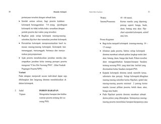 30 Dinamika Kelompok Modul Diklat Prajabatan 31
pertanyaan tersebut dengan sebuah kata. Waktu 45 - 60 menit.
 Setelah semua selesai, bagi peserta kedalam Sarana/Prasarana Kertas manila yang dipotong
kelompok beranggotakan 7-8 orang (pembagian potong seperti bunga, buah,
kelompok ini tidak terlalu kaku. sesuaikan dengan daun, batang atau akar, flip-
jumlah peserta dan waktu yang tersedia). chart sejumlah kelompok, selotif
 Bagikan pada setiap kelompok masing-masing atau lem.
selembar flipchart dan rumuskan jawaban kelompok. Proses Kegiatan
 Perwakilan kelompok mempresentasikan hasil ru-  Bagi kelas menjadi kelompok (masing-masing 10 -
musan masing-masing kelompok. Kelompok lain 15 orang).
menanggapi, menyanggah, bertanya dan menya-  Jelaskan pada peserta, bahwa setiap kelompok
rankan penyempurnaan. diminta membuat sebuah pohon lengkap mulai dari
 Ajak peserta mendiskusikan jawaban mereka dan akar, batang, daun, bunga dan buah. Pohon tersebut
simpulkan jawaban kelas tentang persepsi peserta akan menggambarkan harapan-harapan Saudara
mengenai "Citra Diri Seorang PNS". (lihat Naskah tentang seorang PNS yang ideal dan hal-hal yang
Pegangan Peserta/NPP) dicemaskan kalau Saudara menjadi PNS.
Variasi  Kepada kelompok diminta untuk memilih ketua,
Pada tahapan menjawab secara individual dapat saja sekretaris dan penyaji. Setiap kelompok dibagikan
dihilangkan dan langsung diminta mendiskusikan di masing-masing selembar kertas flipchart, spidol dan
dalam kelompok. masing-masing peserta minimal 2 potong kertas
manila (sesuai pilihan peserta, boleh daun, akar,
f. Judul POHON HARAPAN bunga atau buah).
Tujuan Mengetahui harapan dan kekha-  Pada flipchart peserta diminta membuat sebuah
watiran peserta tentang diri se- sketsa pohon yang diharapkan. Selanjutnya masing-
orang PNS. masing peserta menuliskan harapan-harapannya atau
 