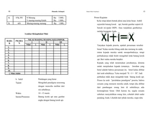 40 Dinamika Kelompok Modul Diklat Prajabatan 41
4. 1 X, 3 Y X Menang Rp. 3.000,- Proses Kegiatan
Y masing-masing Kalah Rp. 1.000,- Kelas tetap dalam bentuk pleno atau kelas besar. Ambil
5. 4 Y
BABA PILIHA
K N
1.
Masing-masing menang Rp. 1.000,-
Lembar Rekapitulasi Nilai
NILAI MASING-MASING KELOMPOK
I II III
Nilai Σ Nilai Σ Nilai Σ
sejumlah batang korek api, bentuk gambar seperti di
bawah ini (pada OHP). Atau tunjukkan gambarnya
melalui komputer Anda.
Tanyakan kepada peserta, apakah persamaan tersebut
2.
3.
4.
5.
6.
7.
8.
9.
10.
Σ Nilai Akhir
b. Judul
Tujuan
Waktu
Sarana/Prasarana
Pandangan yang benar
Mengubah paradigma seseorang
dengan mencoba melihat dari
sisi sebaliknya.
10 - 15 menit.
Batang korek api atau gambar
angka dengan batang korek api.
benar? Kalau mereka bilang salah dan memang itu salah,
minta kepada mereka untuk memperbaikinya, tetapi
perbaikannya tidak boleh mengubah letak batang korek
api. Beri waktu mereka berpikir.
Kepada yang telah menemukan jawabannya, diminta
untuk menjelaskan kepada temannya. Jawaban yang
betul adalah bahwa persamaan itu betul kalau dilihat
dari arah sebaliknya. Yaitu menjadi “X = I + IX”. Jadi
perbaikan tidak akan mengubah letak batang korek api.
Proses ke arah “perubahan paradigma” peserta, bahwa
sesuatu yang menurut mereka salah, tetapi jika dilihat
dari pandangan orang lain di sebaliknya ada
kemungkinan benar. Oleh karena itu, segala sesuatu
sebelum menyalahkan orang lain, cobalah ubah sudut
pandang Anda. Lihatlah dari pihak mereka, siapa tahu
 