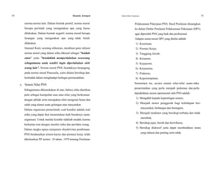 54 Dinamika Kelompok
norma-norma lain. Dalam bentuk positif, norma moral
berupa perintah yang mengatakan apa yang harus
dilakukan. Dalam bentuk negatif, norma moral berupa
larangan yang mengatakan apa yang tidak boleh
dilakukan.
Imanuel Kant, seorang etikawan, membuat gene ralisasi
norma moral yang dalam etika dikenal sebagai "kaidah
emas" yaitu "hendaklah memperlakukan seseorang
sebagaimana anda sendiri ingin diperlakukan oleh
orang lain". Norma moral PNS, hendaknya berpegang
pada norma moral Pancasila, yaitu dalam bersikap dan
bertindak dalam menghadapi berbagai permasalahan.
c. Sistem Nilai PNS
Sebagaimana dikemukakan di atas, bahwa etika diartikan
pula sebagai kumpulan asas atau nilai yang berkenaan
dengan akhlak serta merupakan nilai mengenai benar dan
salah yang dianut suatu golongan atau masyarakat.
Dalam organisasi pemerintah, soal kondite adalah soal
etika yang dapat ikut menentukan baik buruknya suatu
organisasi. Untuk menilai kondite tidaklah mudah, karena
berkaitan erat dengan menilai etika dan perilaku orang.
Dalam rangka upaya menjamin obyektivitas pembinaan
PNS berdasarkan sistem karier dan prestasi kerja, telah
dikeluarkan PP nomor 10 tahun 1979 tentang Penilaian
Modul Diklat Prajabatan 55
Pelaksanaan Pekerjaan PNS. Hasil Penilaian dituangkan
ke dalam Daftar Penilaian Pelaksanaan Pekerjaan (DP3)
agar diperoleh PNS yang baik dan profesional.
Adapun unsur-unsur DP3 yang dinilai adalah:
1) Kesetiaan;
2) Prestasi Kerja;
3) Tanggung Jawab;
4) Ketaatan;
5) Kejujuran;
6) Kerjasama;
7) Prakarsa;
8) Kepemimpinan;
Sementara itu, secara umum nilai-nilai suatu etika
pemerintahan yang perlu menjadi pedoman dan perlu
dipraktikkan secara operasional oleh PNS adalah:
1) Mengabdi kepada kepentingan umum;
2) Menjadi motor penggerak bagi kehidupan ber-
masyarakat, berbangsa dan bernegara;
3) Menjadi mediator yang bersikap terbuka dan tidak
memihak;
4) Bersikap jujur, bersih dan berwibawa;
5) Bersikap diskresif yaitu dapat membedakan mana
yang rahasia dan penting serta tidak.
 