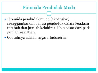 Piramida Penduduk Muda
 Piramida penduduk muda (expansive)
menggambarkan bahwa penduduk dalam keadaan
tumbuh dan jumlah kelahiran lebih besar dari pada
jumlah kematian.
 Contohnya adalah negara Indonesia.
 
