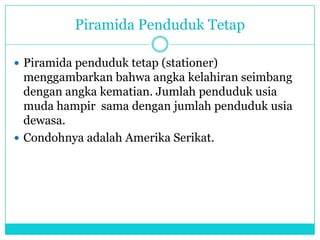 Piramida Penduduk Tetap
 Piramida penduduk tetap (stationer)
menggambarkan bahwa angka kelahiran seimbang
dengan angka kematian. Jumlah penduduk usia
muda hampir sama dengan jumlah penduduk usia
dewasa.
 Condohnya adalah Amerika Serikat.
 