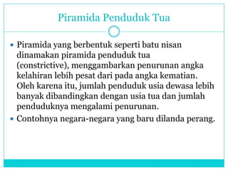 Piramida Penduduk Tua
 Piramida yang berbentuk seperti batu nisan
dinamakan piramida penduduk tua
(constrictive), menggambarkan penurunan angka
kelahiran lebih pesat dari pada angka kematian.
Oleh karena itu, jumlah penduduk usia dewasa lebih
banyak dibandingkan dengan usia tua dan jumlah
penduduknya mengalami penurunan.
 Contohnya negara-negara yang baru dilanda perang.
 