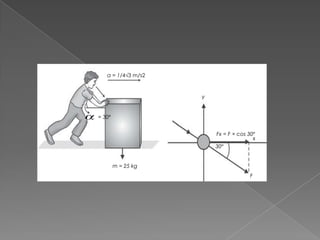 a = 1/4√3 m/s2 
= 30° 
m = 25 kg 
Fx = F × cos 30º 
30º 
y 
x 
F 
 