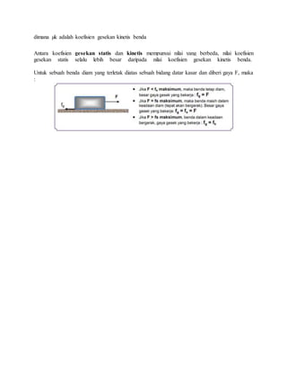 dimana μk adalah koefisien gesekan kinetis benda 
Antara koefisien gesekan statis dan kinetis mempunyai nilai yang berbeda, nilai koefisien 
gesekan statis selalu lebih besar daripada nilai koefisien gesekan kinetis benda. 
Untuk sebuah benda diam yang terletak diatas sebuah bidang datar kasar dan diberi gaya F, maka 
: 
