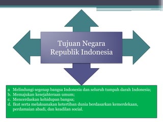 Tujuan Negara
Republik Indonesia
a Melindungi segenap bangsa Indonesia dan seluruh tumpah darah Indonesia;
b. Memajukan ke...