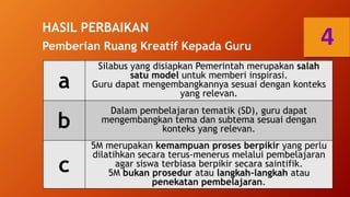 HASIL PERBAIKAN
Pemberian Ruang Kreatif Kepada Guru
a
Silabus yang disiapkan Pemerintah merupakan salah
satu model untuk memberi inspirasi.
Guru dapat mengembangkannya sesuai dengan konteks
yang relevan.
b
Dalam pembelajaran tematik (SD), guru dapat
mengembangkan tema dan subtema sesuai dengan
konteks yang relevan.
c
5M merupakan kemampuan proses berpikir yang perlu
dilatihkan secara terus-menerus melalui pembelajaran
agar siswa terbiasa berpikir secara saintifik.
5M bukan prosedur atau langkah-langkah atau
penekatan pembelajaran.
4
 