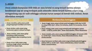 Berdasarkan bentuk
• Awan cumullus, yaitu awan putih
yang bergumpal (terlihat sore hari).
• Awan stratus, yaitu awan yang
berbentuk seperti selimut berlapis.
• Awan nimbus, yaitu awan gelap
bentuknya tidak menentu
(menandakan akan terjadinya turun
hujan).
• Awan cirrus, yaitu awan yang
letaknya tinggi sekali, bentuknya
seperti bulu ayam tipis.
Berdasarkan ketinggian
• Awan tinggi, awan yang terletak pada ketinggian lebih dari 6.000
m, yang terdiri dari ; Awan Cirrostratus, Awan Cirrocumulus, Awan
cirrus
• Awan sedang, yaitu awan yang terletak pada ketinggian antara
2.000 – 6.000 m, terdiri dari : Awan Altocumulus, Awan Altostratus
• Awan rendah, yaitu awan yang memiliki ketinggian di bawah 2.000
m, terdiri dari : Awan Stratus, Awan Altonimbustratus, Awan
stratocumulus
• Awan bersusun vertikal, yaitu awan yang terletak pada ketinggian
sekitar 500 m, terdiri dari : Awan nimbostratus, Awan Cumulus,
Awan Cumulonimbus.
5. AWAN
Awan adalah kumpulan titik-titik air atau kristal es yang terjadi karena adanya
kondensasi uap air yang terdapat pada atmosfer. Awan terjadi karena udara yang
mengandung uap air naik sehingga suhunya turun sampai di bawah titik embun. Awan
dibedakan menjadi:
 