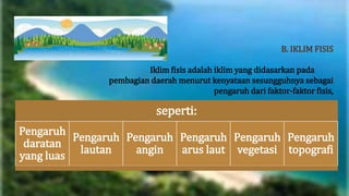 B. IKLIM FISIS
Iklim fisis adalah iklim yang didasarkan pada
pembagian daerah menurut kenyataan sesungguhnya sebagai
pengaruh dari faktor-faktor fisis,
seperti:
Pengaruh
daratan
yang luas
Pengaruh
lautan
Pengaruh
angin
Pengaruh
arus laut
Pengaruh
vegetasi
Pengaruh
topografi
 