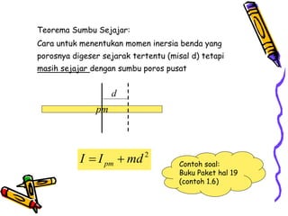 Teorema Sumbu Sejajar:
Cara untuk menentukan momen inersia benda yang
porosnya digeser sejarak tertentu (misal d) tetapi
masih sejajar dengan sumbu poros pusat
2
pm
I I md
 
d
pm
Contoh soal:
Buku Paket hal 19
(contoh 1.6)
 