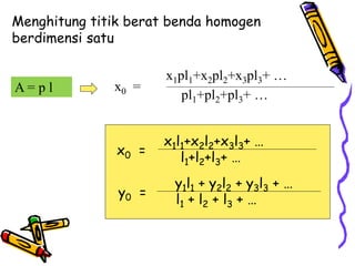 x1pl1+x2pl2+x3pl3+ …
x0 =
pl1+pl2+pl3+ …
Menghitung titik berat benda homogen
berdimensi satu
A = p l
y1l1 + y2l2 + y3l3 + …
y0 =
l1 + l2 + l3 + …
x1l1+x2l2+x3l3+ …
x0 =
l1+l2+l3+ …
 