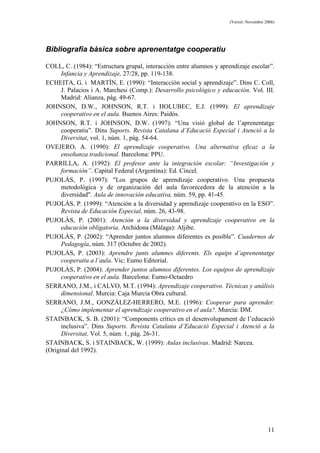 (Versió: Novembre 2006)
11
Bibliografia bàsica sobre aprenentatge cooperatiu
COLL, C. (1984): “Estructura grupal, interacción entre alumnos y aprendizaje escolar”.
Infancia y Aprendizaje, 27/28, pp. 119-138.
ECHEITA, G. i MARTÍN, E. (1990): “Interacción social y aprendizaje”. Dins C. Coll,
J. Palacios i A. Marchesi (Comp.): Desarrollo psicológico y educación. Vol. III.
Madrid: Alianza, pàg. 49-67.
JOHNSON, D.W., JOHNSON, R.T. i HOLUBEC, E.J. (1999): El aprendizaje
cooperativo en el aula. Buenos Aires: Paidós.
JOHNSON, R.T. i JOHNSON, D.W. (1997): “Una visió global de l’aprenentatge
cooperatiu”. Dins Suports. Revista Catalana d’Educació Especial i Atenció a la
Diversitat, vol. 1, núm. 1, pàg. 54-64.
OVEJERO, A. (1990): El aprendizaje cooperativo. Una alternativa eficaz a la
enseñanza tradicional. Barcelona: PPU.
PARRILLA, A. (1992): El profesor ante la integración escolar: “Investigación y
formación”. Capital Federal (Argentina): Ed. Cincel.
PUJOLÀS, P. (1997): "Los grupos de aprendizaje cooperativo. Una propuesta
metodológica y de organización del aula favorecedora de la atención a la
diversidad". Aula de innovación educativa, núm. 59, pp. 41-45.
PUJOLÀS, P. (1999): “Atención a la diversidad y aprendizaje cooperativo en la ESO”.
Revista de Educación Especial, núm. 26, 43-98.
PUJOLÀS, P. (2001): Atención a la diversidad y aprendizaje cooperativo en la
educación obligatoria. Archidona (Málaga): Aljibe.
PUJOLÀS, P. (2002): “Aprender juntos alumnos diferentes es posible”. Cuadernos de
Pedagogía, núm. 317 (Octubre de 2002).
PUJOLÀS, P. (2003): Aprendre junts alumnes diferents. Els equips d’aprenentatge
cooperatiu a l’aula. Vic: Eumo Editorial.
PUJOLÀS, P. (2004): Aprender juntos alumnos diferentes. Los equipos de aprendizaje
cooperativo en el aula. Barcelona: Eumo-Octaedro
SERRANO, J.M., i CALVO, M.T. (1994): Aprendizaje cooperativo. Técnicas y análisis
dimensional. Murcia: Caja Murcia Obra cultural.
SERRANO, J.M., GONZÁLEZ-HERRERO, M.E. (1996): Cooperar para aprender.
¿Cómo implementar el aprendizaje cooperativo en el aula?. Murcia: DM.
STAINBACK, S. B. (2001): “Components crítics en el desenvolupament de l’educació
inclusiva”. Dins Suports. Revista Catalana d’Educació Especial i Atenció a la
Diversitat. Vol. 5, núm. 1, pàg. 26-31.
STAINBACK, S. i STAINBACK, W. (1999): Aulas inclusivas. Madrid: Narcea.
(Original del 1992).
 