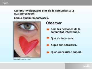 Fem Accions involucrades dins de la comunitat a la qual pertanyem.  Com a dinamitzadors/ores. Observar Com les persones de...