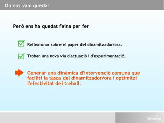 On ens vam quedar Reflexionar sobre el paper del dinamitzador/ora. Però ens ha quedat feina per fer Generar una dinàmica d...