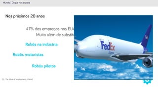 47% dos empregos nos EUA ameaçados por computadores (1)
Mundo | O que nos espera
Nos próximos 20 anos
(1) - The future of employment - Oxford
Muito além de substituir o trabalho manual básico
Robôs motoristas
Robôs pilotos
Robôs na indústria
 