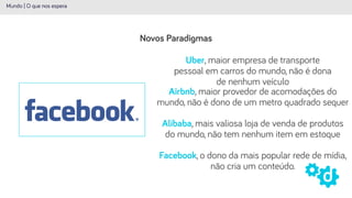 Novos Paradigmas
Mundo | O que nos espera
Uber, maior empresa de transporte
pessoal em carros do mundo, não é dona
de nenhum veículo
Airbnb, maior provedor de acomodações do
mundo, não é dono de um metro quadrado sequer
Alibaba, mais valiosa loja de venda de produtos
do mundo, não tem nenhum item em estoque
Facebook, o dono da mais popular rede de mídia,
não cria um conteúdo.
 