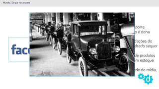 Novos Paradigmas
Mundo | O que nos espera
Uber, maior empresa de transporte
pessoal em carros do mundo, não é dona
de nenhum veículo
Airbnb, maior provedor de acomodações do
mundo, não é dono de um metro quadrado sequer
Alibaba, mais valiosa loja de venda de produtos
do mundo, não tem nenhum item em estoque
Facebook, o dono da mais popular rede de mídia,
não cria um conteúdo.
 