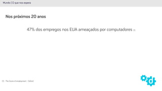 47% dos empregos nos EUA ameaçados por computadores (1)
Mundo | O que nos espera
Nos próximos 20 anos
(1) - The future of employment - Oxford
 