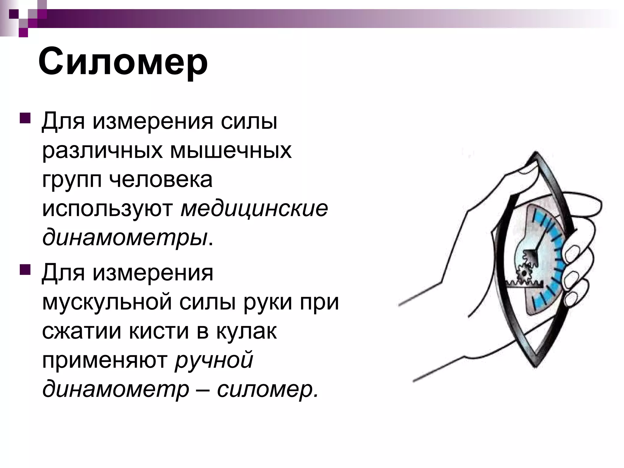Силомер
   Для измерения силы
    различных мышечных
    групп человека
    используют медицинские
    динамометры.
   Для измерения
    мускульной силы руки при
    сжатии кисти в кулак
    применяют ручной
    динамометр – силомер.
 