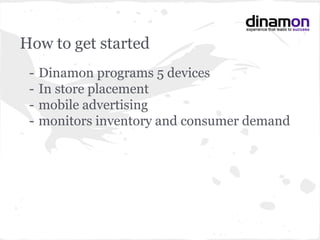 How to get started
- Dinamon programs 5 devices
- In store placement
- mobile advertising
- monitors inventory and consumer demand
 