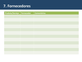 7. Fornecedores
Produto/Serviço Fornecedor Comentários
 